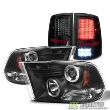 2009-2018 Ram 1500 2500 3500 Halo Projector Headlights+Blk Smoke LED Tail Lights