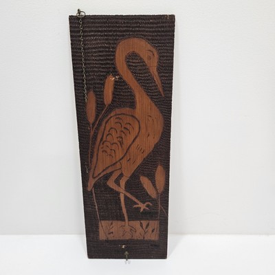 Hand Carved Antique Flemish Art Pyrograph Crane Hanging W/ Hook 1900s (Read)