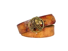 VINTAGE Handmade Signed Grapes and Vine Brass Buckle Wide Leather Belt M/L