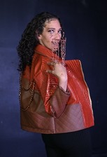 WOMEN ORANGE BROWN QUILTED LEATHER ZIP BIKER ...