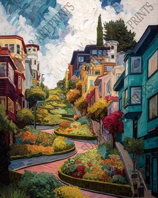 Lombard Street San Francisco Painting Print - 3 Sizes - Vibrant Flowers & Houses
