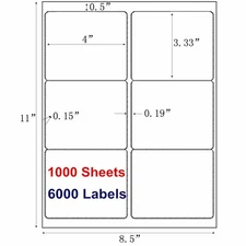 3 1/3" x 4" 6000 Address Shipping Mailing Return Label Self Adhesive 6 Per Sheet