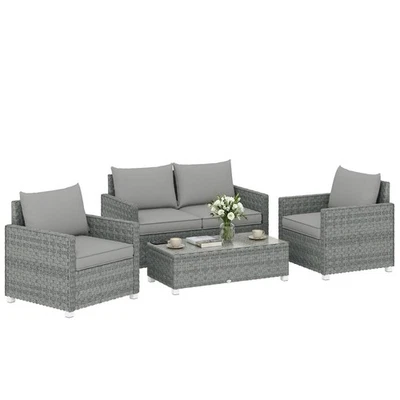 Outsunny 4 Seater Rattan Garden Furniture Set with Cushions, Grey - Image 1 of 4