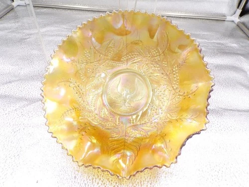 Crown Crystal carnival glass bowl marigold Piping Shrike master              Q14