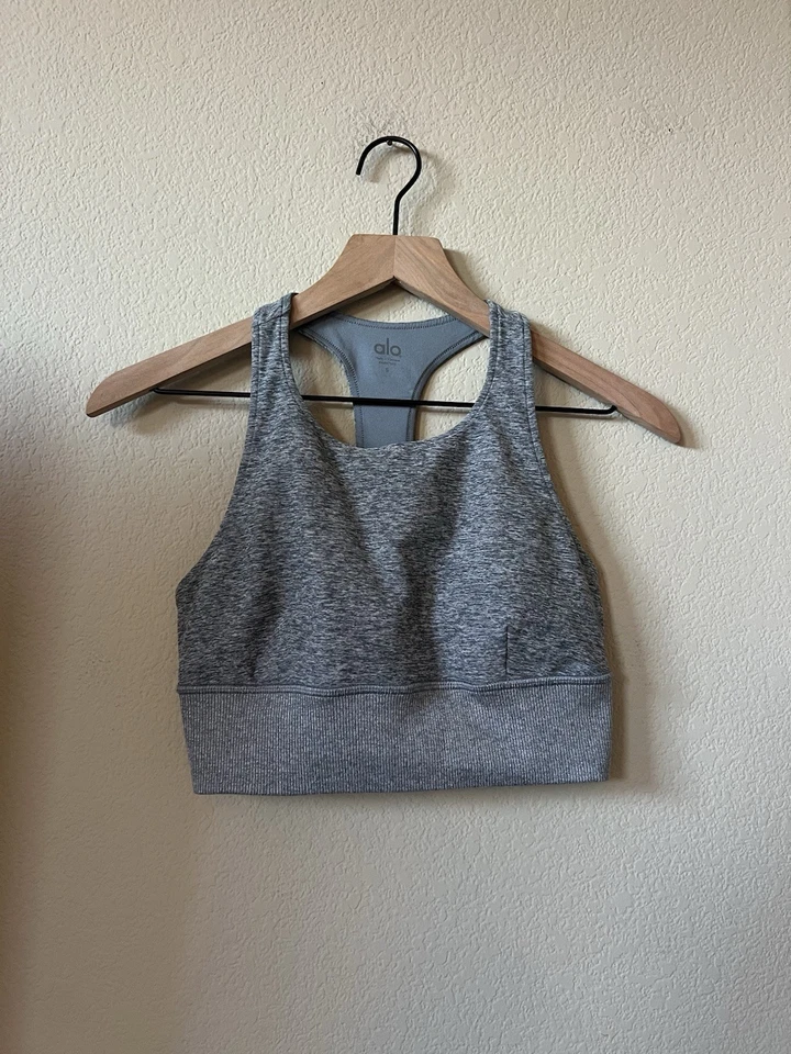 (2) Sujetador deportivo Alo Yoga Serenity Alosoft azul y gris talla pequeña atlético para mujer Foto 2 de 4