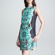 Red Valentino Green Black Floral Sheath Dress Mini 38 Sleeveless FAILLE Size 2