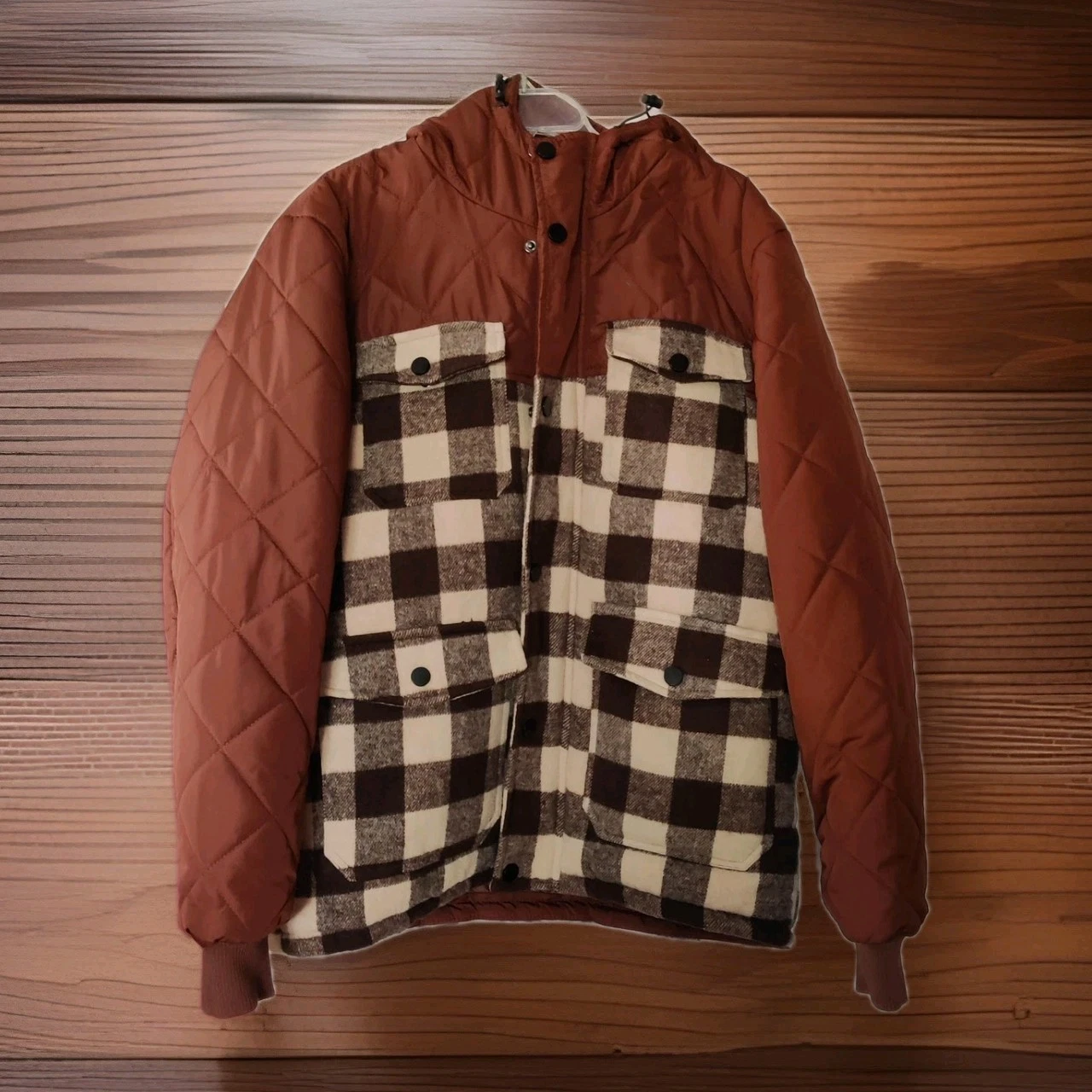 American Stitch Jacket Mens M Brown Quilted Hooded Insulated Flannel Plaid
