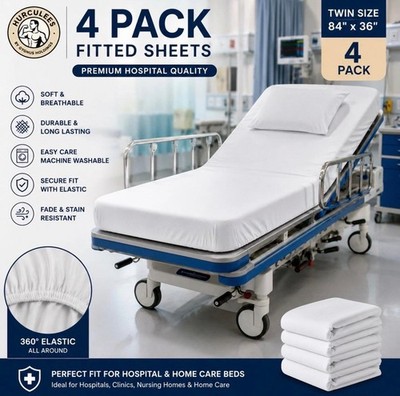 4 Pack HURCULEES Hospital Bed Fitted Sheets 84x36 White Breathable