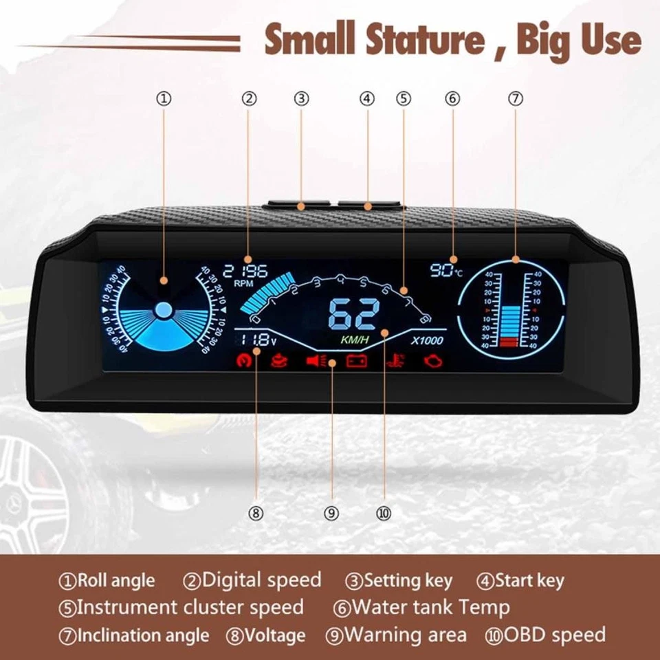 Car OBD2 Multi-function Gauge HUD Head-Up-Digital Speedometer Slope Display Foto 3 de 4