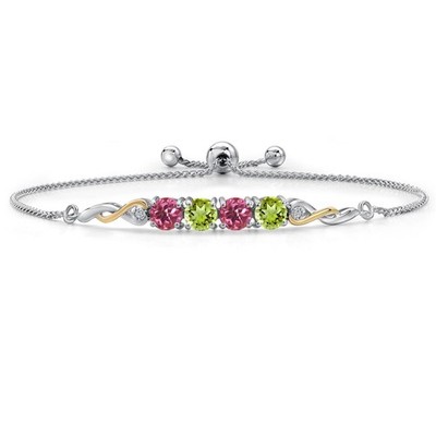 925 Silver and 10K Yellow Gold Pink Tourmaline and Peridot and White Lab Grown
