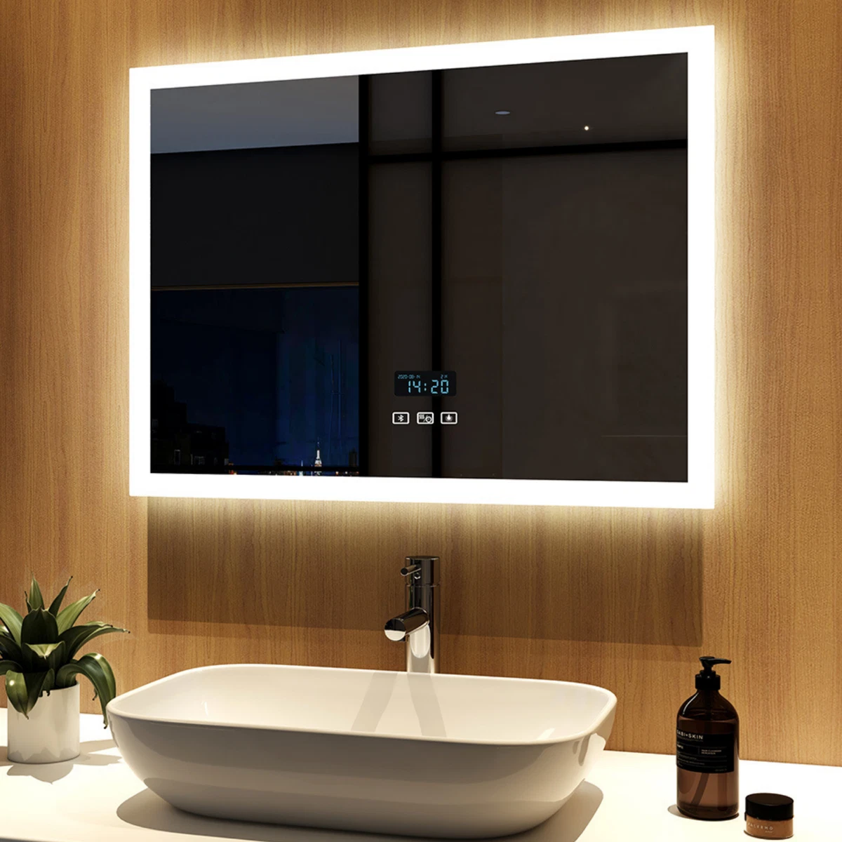 Bathroom mirror with 2024 lights and clock