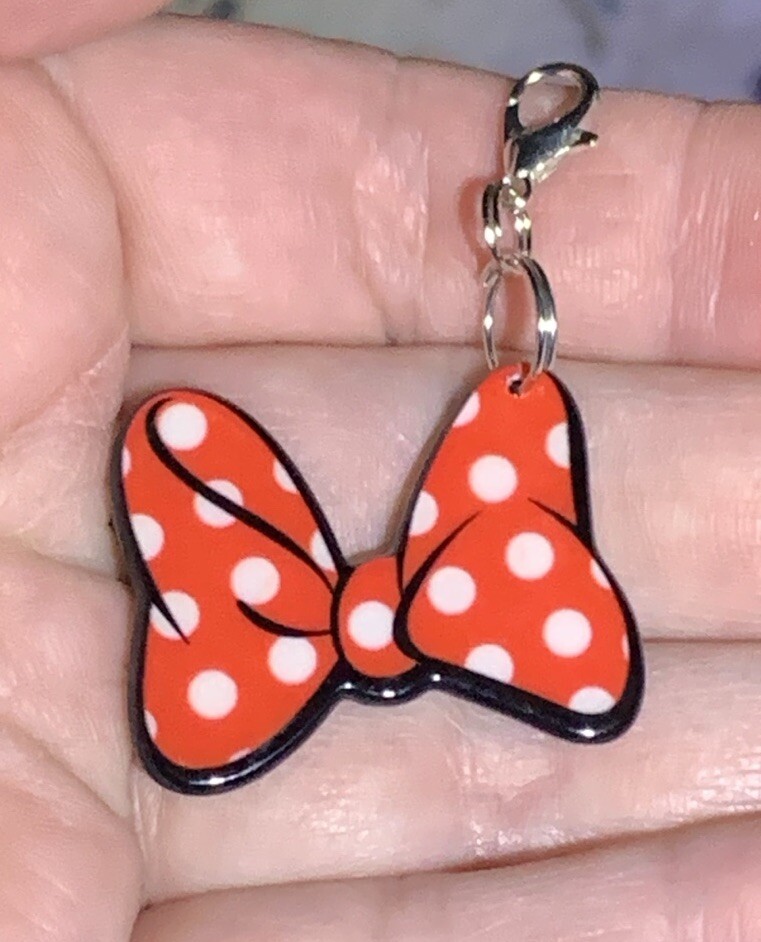 Acrylic Minnie Mouse Bow Charm Zipper Pull &amp; Keychain Add On Clip!!