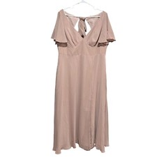 Azazie Bridesmaid Dress Chiffon Midi Tan Women Sz C Flutter Sleeve Wedding Party