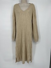 Women’s Vero Mods Doffy Long Sleeve V Neck Sweater Dress Tan Size Medium 