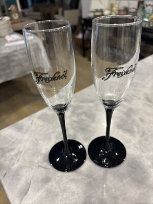 2 FREIXENET BLACK STEM FLUTE CAVA WINE GLASSES 22cm TALL