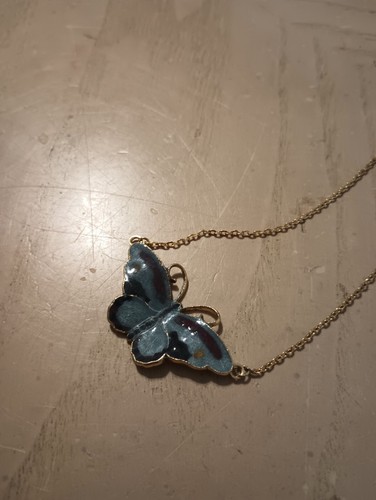 Vintage Butterfly Necklace Women's Fashion Jewelry Gold Tone Blue Multicolored - Picture 4 of 7