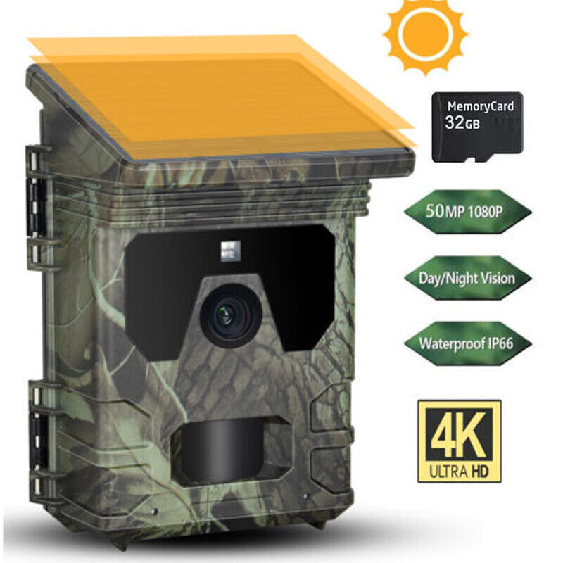 50MP Solar Trail Camera 4K UHD Wildlife Hunting Cam Night Vision