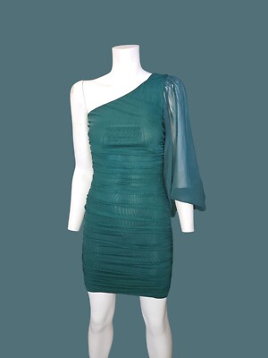 green ruched bodycon dress Island Green Faux Wrap Ruched Bodycon Dress