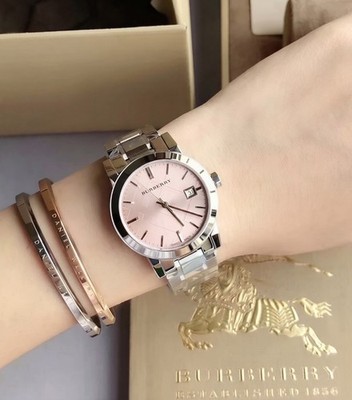 NEU BURBERRY DAMEN UHR BU9124 EDELSTAHL ARMBAND MIT ROSA ZIFFERBLATT ORIGINAL