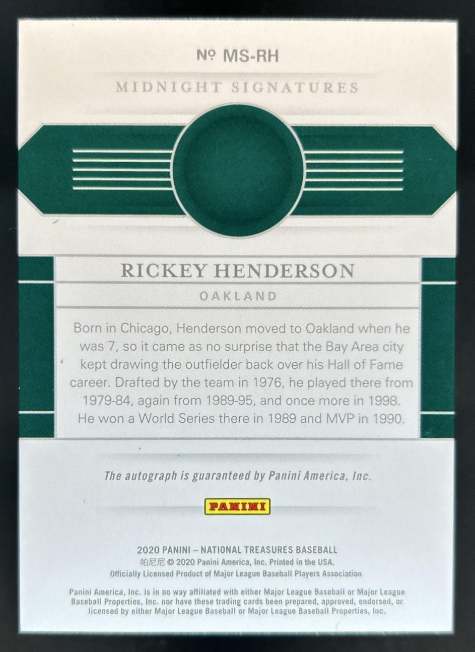2020 Panini National Treasures Rickey Henderson Midnight Signatures Auto #/25 view 2