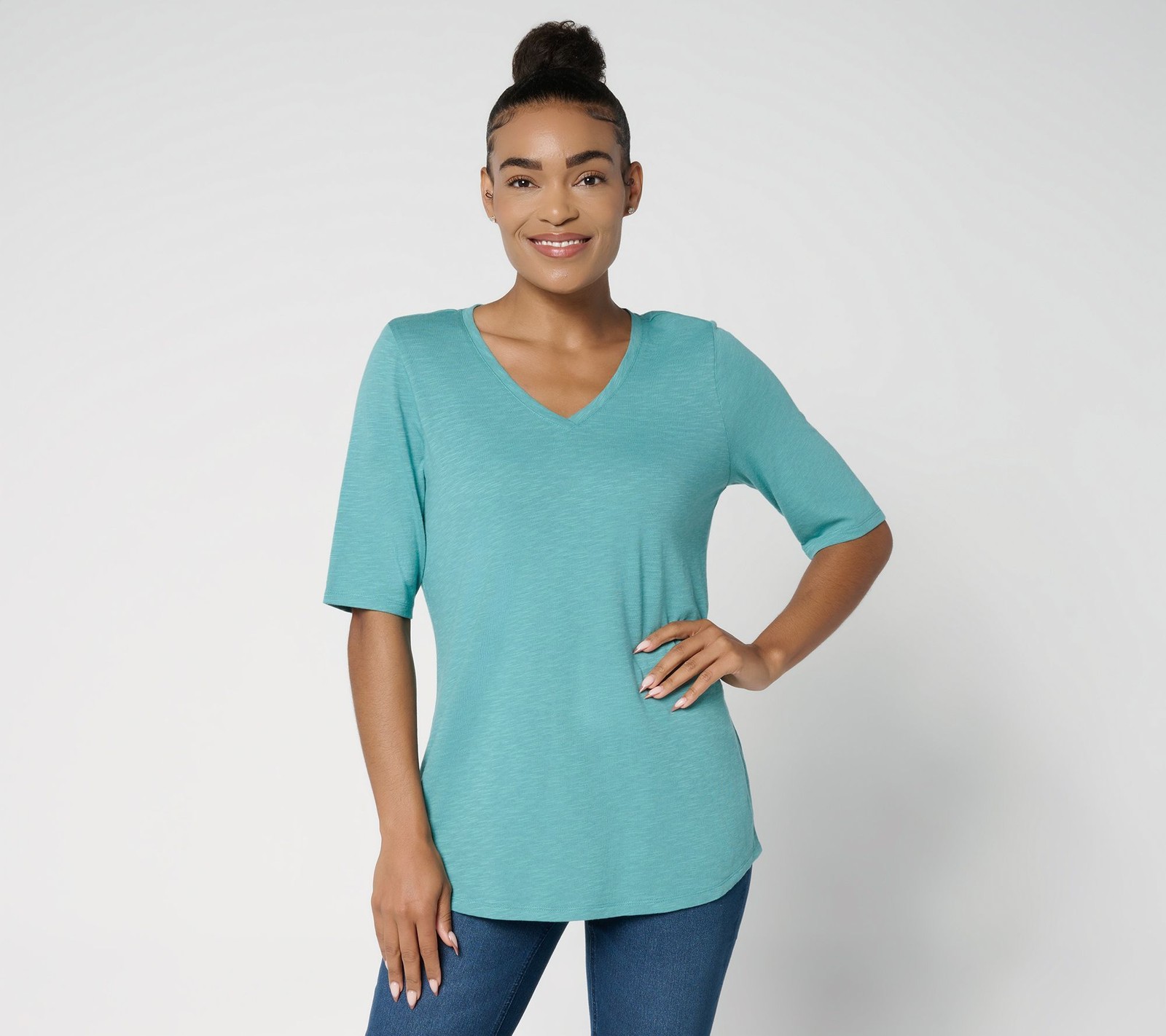 Denim & Co. Women's Top Sz S Essentials Slub Jersey Elbow Sleeve Green A694667