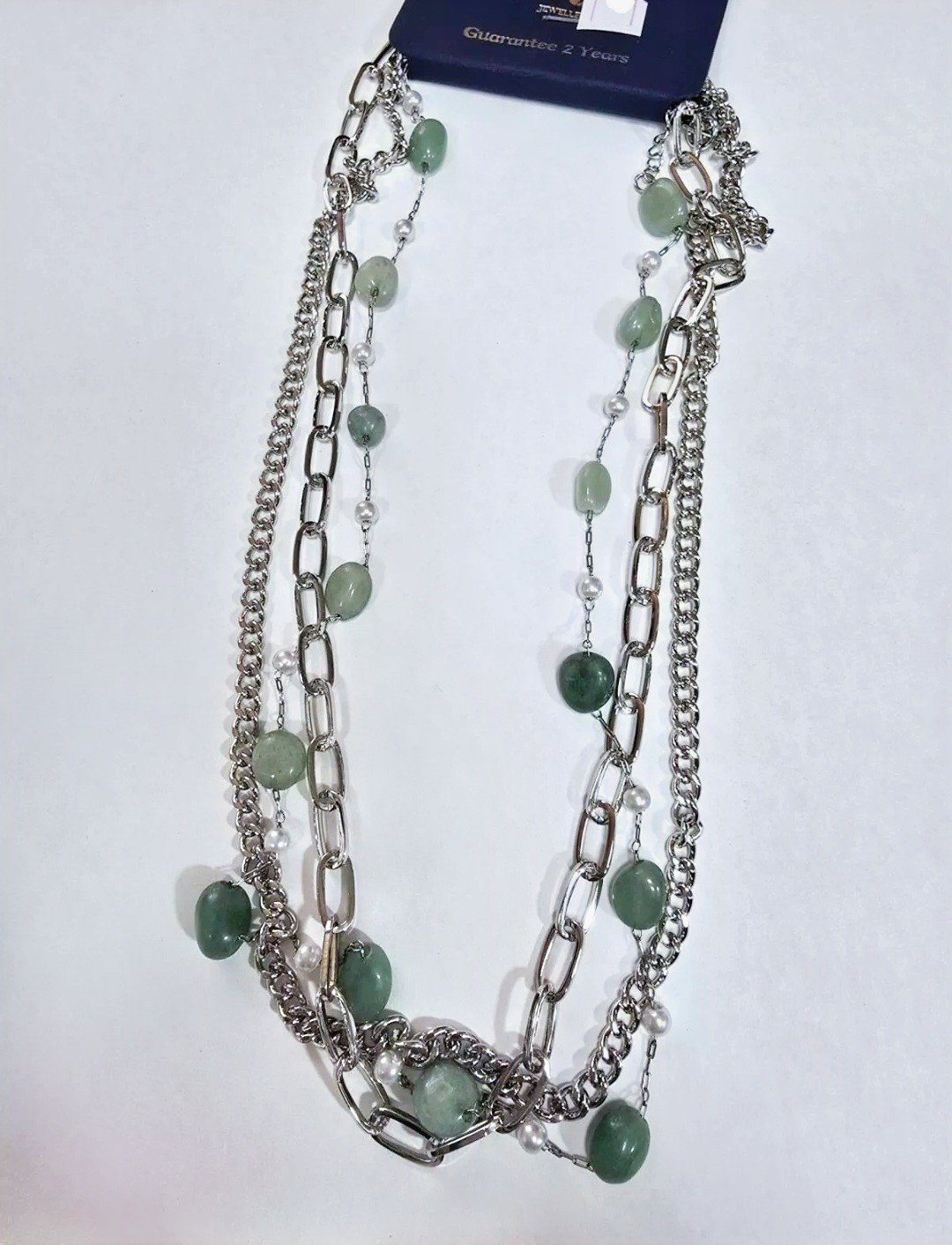 Elegant Gold Plated 3-Layer Rhinestone Necklace with Green Stone and White Chain for Women