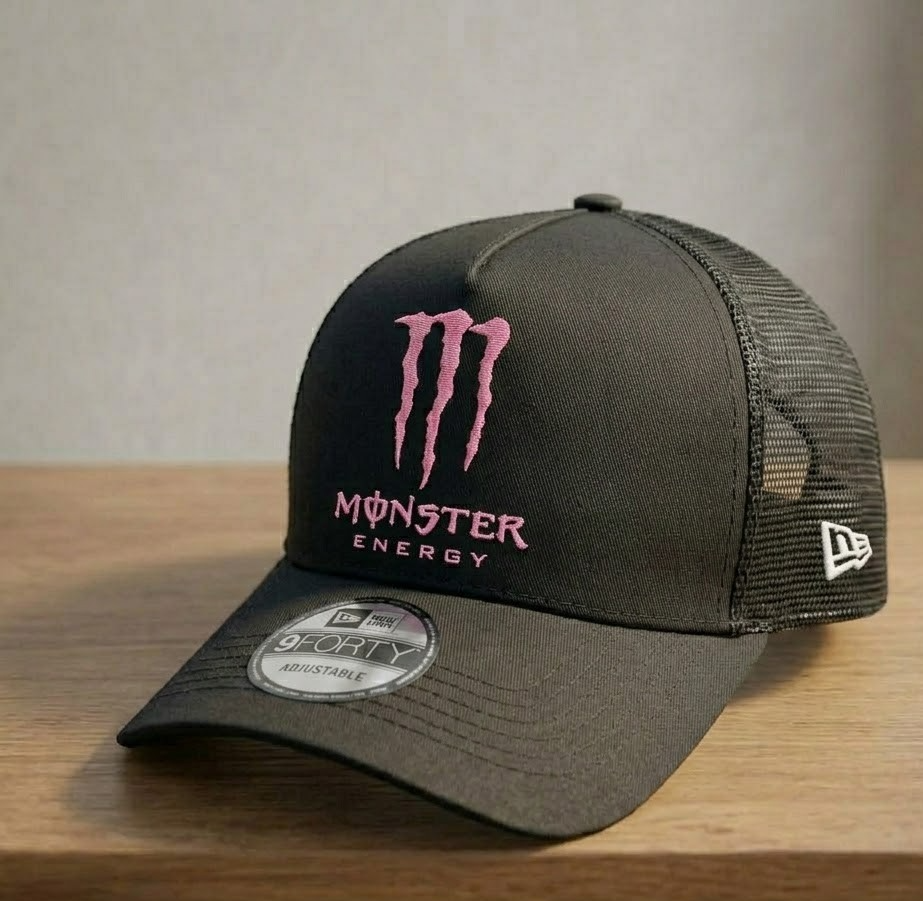 Monster Energy Pink Logo Embroidered Hat 9FORTY Trucker Cap Black