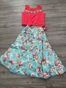 Girls Pink And Green Floral Lengha - Violet - Size 20