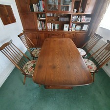 Ercol Plank Top Dining Table Solid Elm + 4 Ercol Windsor Dining Chairs