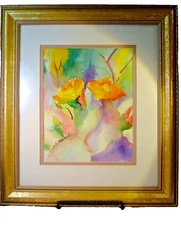 Vintage Original Abstract Watercolor, Flowers, Framed Signed Double Matted