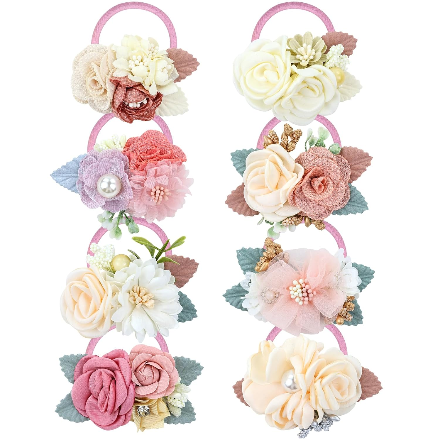 8 Pack Stretchy Floral Pearl Hair Ties with Decorative Flower Design