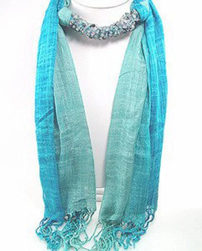 Organic Cotton Light Sky-Blue Green Scarf 100% Natural Genuine Fluorite Beaded
