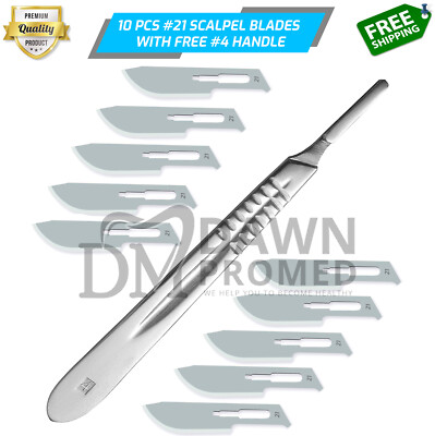 10 Sterile Surgical Blades #21 W/FREE BP Scalpel Handle #4 Medical German Grade