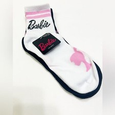 New Barbie Mid Crew Socks Two pair White Black & Pink All Over Barbie Print