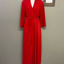 Vintage Vanity Fair Vibrant Red Full-Length Ribbed Wrap V-Neck Robe with Belt-Sm