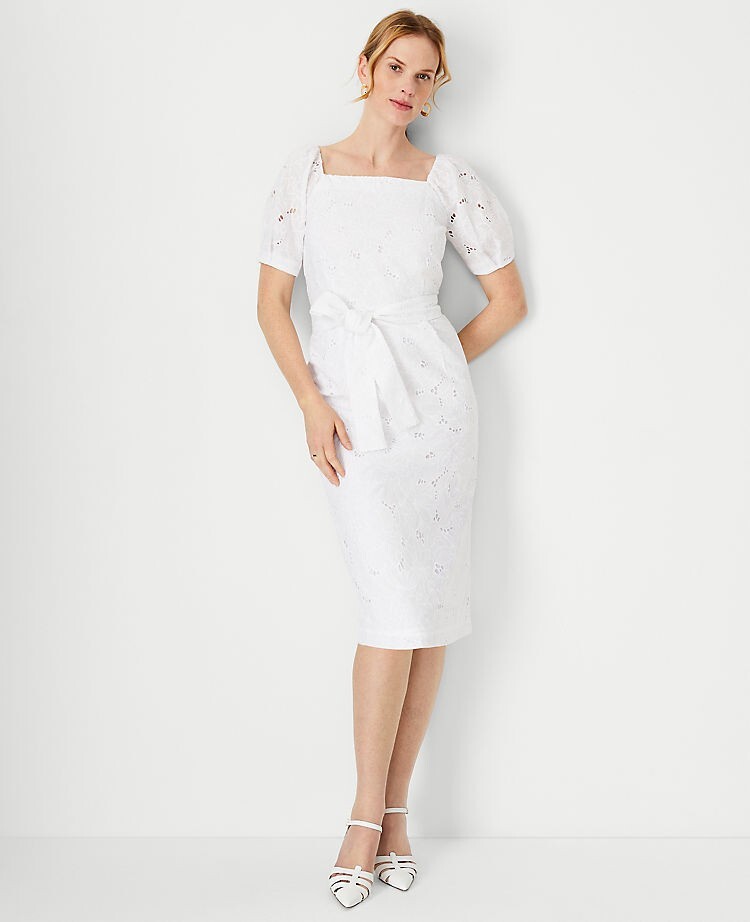 NEW $170 ANN TAYLOR WHITE FLORAL EYELET PUFF SLEEVE SHEATH DRESS SIZE 14P NEW $170 ANN TAYLOR WHITE FLORAL EYELET PUFF SLEEVE SHEATH DRESS SIZE 14P