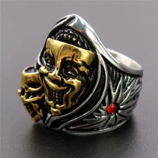 Gothic Joker Skull Ring Stainless Steel Men's Skull Red CZ Ring Punk Silver Gold