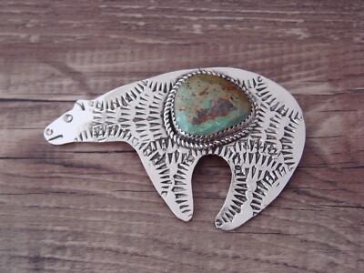 Navajo Nickel Silver Turquoise Bear Pin Signed JC