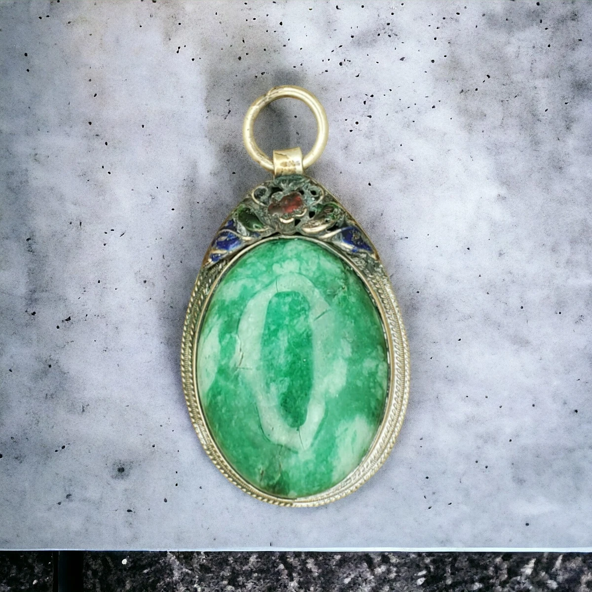 Pendentif Chinois Vintage En Argent Massif Avec Jade - Collier Mi-long - Occasion