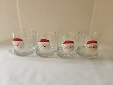 SANTA 3D Medallion Christmas Double Old Fashion Clear Glass Set Of 4 VINTAGE 