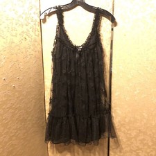 Oscar de la Renta Pink Label Black Lace Ruffle Babydoll Nightgown Size Small S