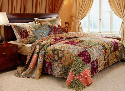 QUALITY BEAUTIFUL 5 PC PATCHWORK ANTIQUE VINTAGE RED BLUE GREEN QUILT SET KING OR QUEEN