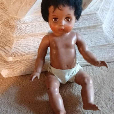 Plastic Baby Doll Medium Dark Complexion Black Curly Hair w/ Diaper Underwear