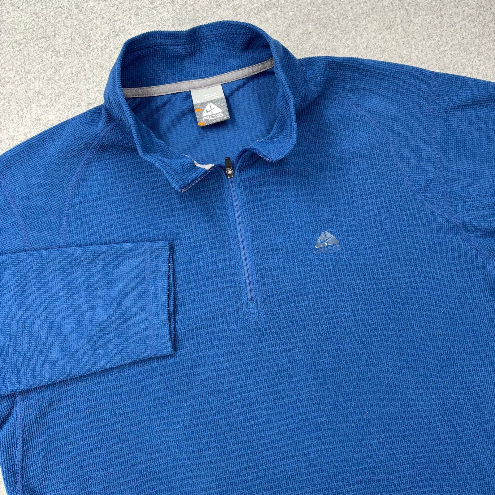 Vintage Nike ACG Waffle 1/4 Zip Pullover Mens L Blue Thermal Grid Fleece *FLAW