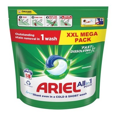 Ariel All-In-1 Fast Dissolving Laundry Pods, Stain Removal - Original 58 Washes