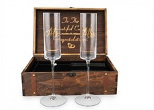 Mr. Mrs. Champagne Flutes Set in Engraved Wood Keepsake Box Wedding Gift