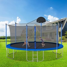 14ft Trampoline with Basketball Hoop, Ladder, Safety Enclosure Net, Blue/Green