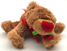Vintage Valentine's Day Brown Bear Plush with Red Rose in Mouth Red Bow 11"