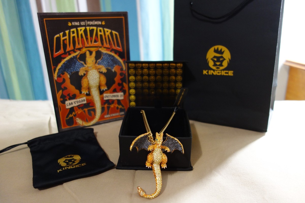 charizard pokemon card necklace X Perler 10K GOLD DIAMOND CHARIZARD PENDANT 1.41 CT Metal Shiny Charizard Necklace - Holographic