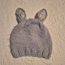 The The Blueberry Hill bunny ear beanie, 2-10 years gray flower fabric in ears